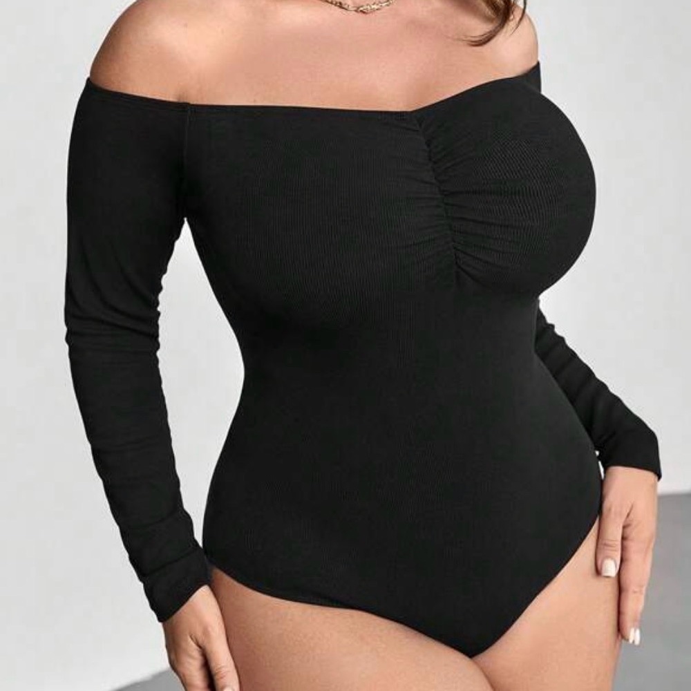Shein Off Shoulder Ruched‎ Black Bodysuit Plus Size 0XL